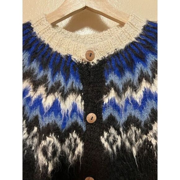 Vtg Signature Imports Alpaca Fair Isle Cardigan Black Blue White Fuzzy Bolivia - Picture 5 of 16